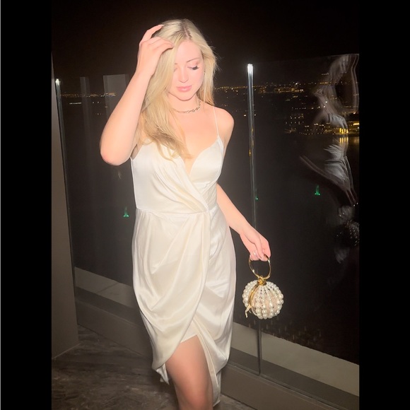 Ivory silk draped midi dress with wire neckline - Picture 1 of 4